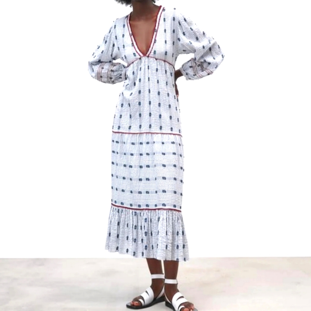 Zara Striped Tiered Embroidered Peasant Midi Dress XL